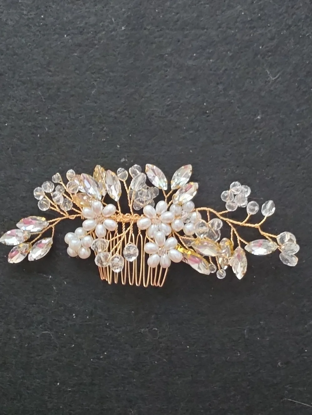 Gold Floral Crystal and Pearl Hair Comb